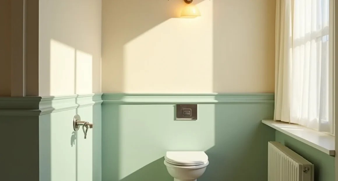 Two-tone bathroom walls in sage green and cream with white trim and chrome faucet.
