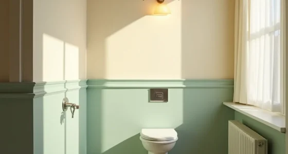 Two-tone bathroom walls in sage green and cream with white trim and chrome faucet.