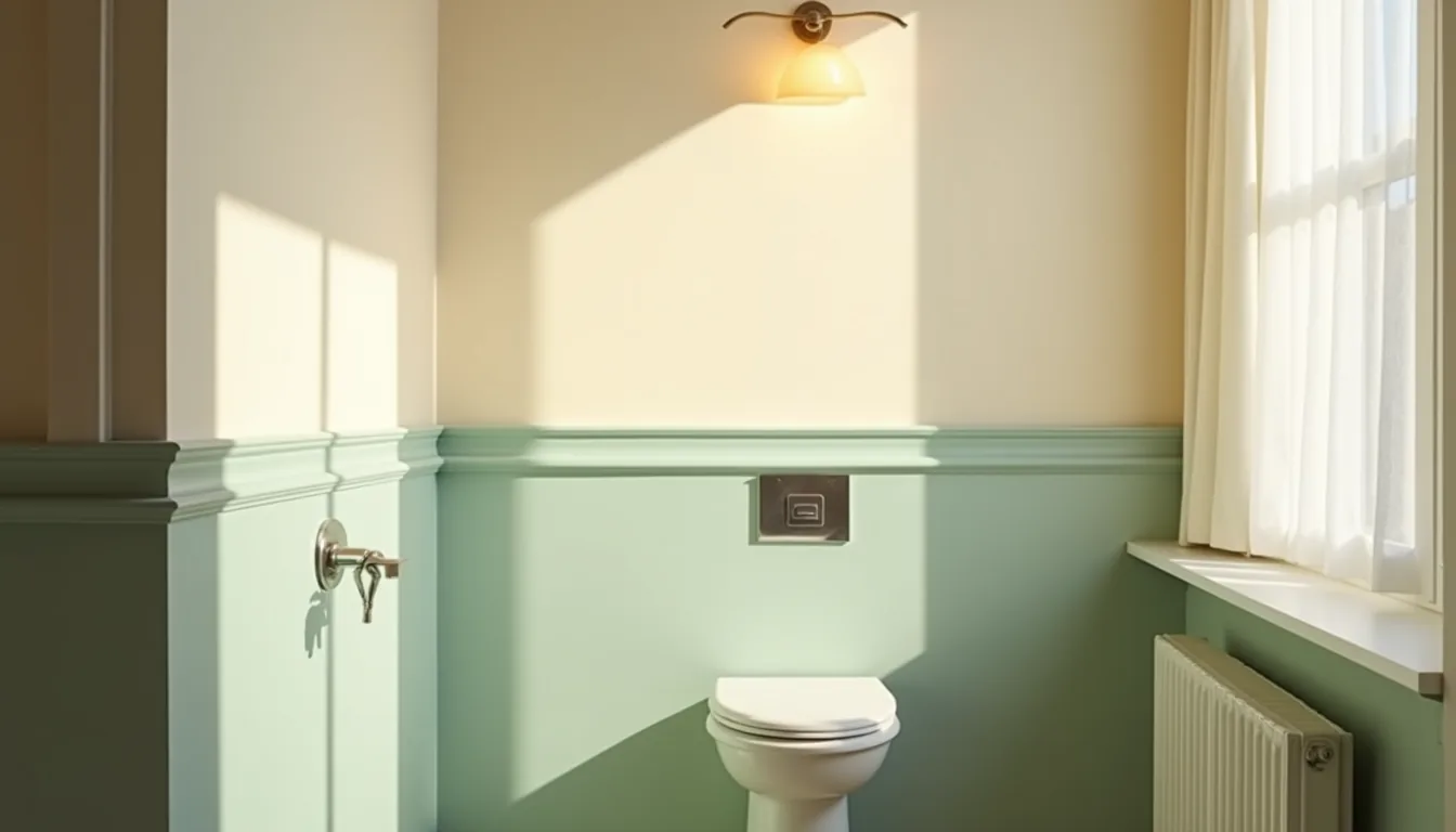 Two-tone bathroom walls in sage green and cream with white trim and chrome faucet.