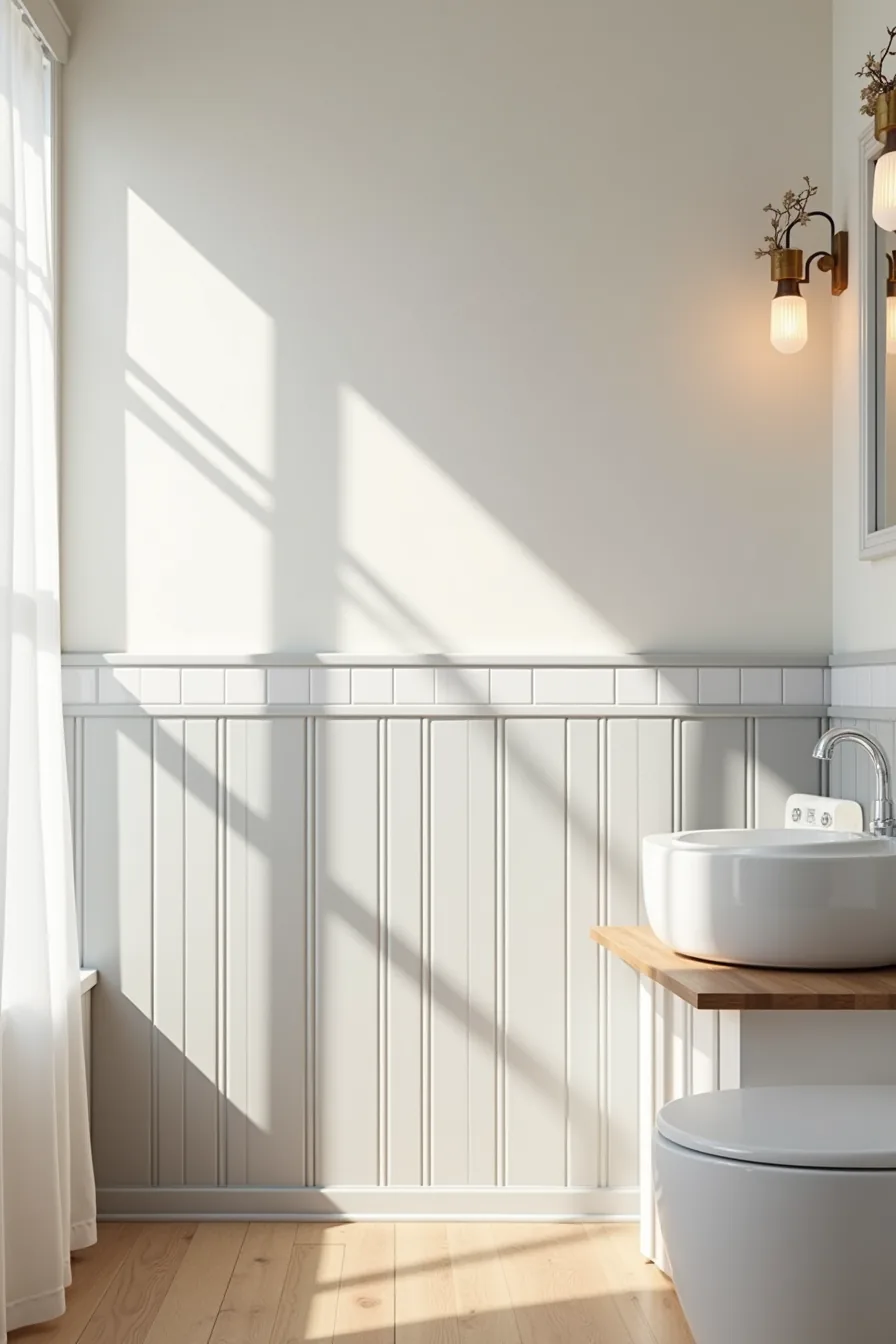 Bathroom wall divided between white subway tile and light gray vertical shiplap paneling.