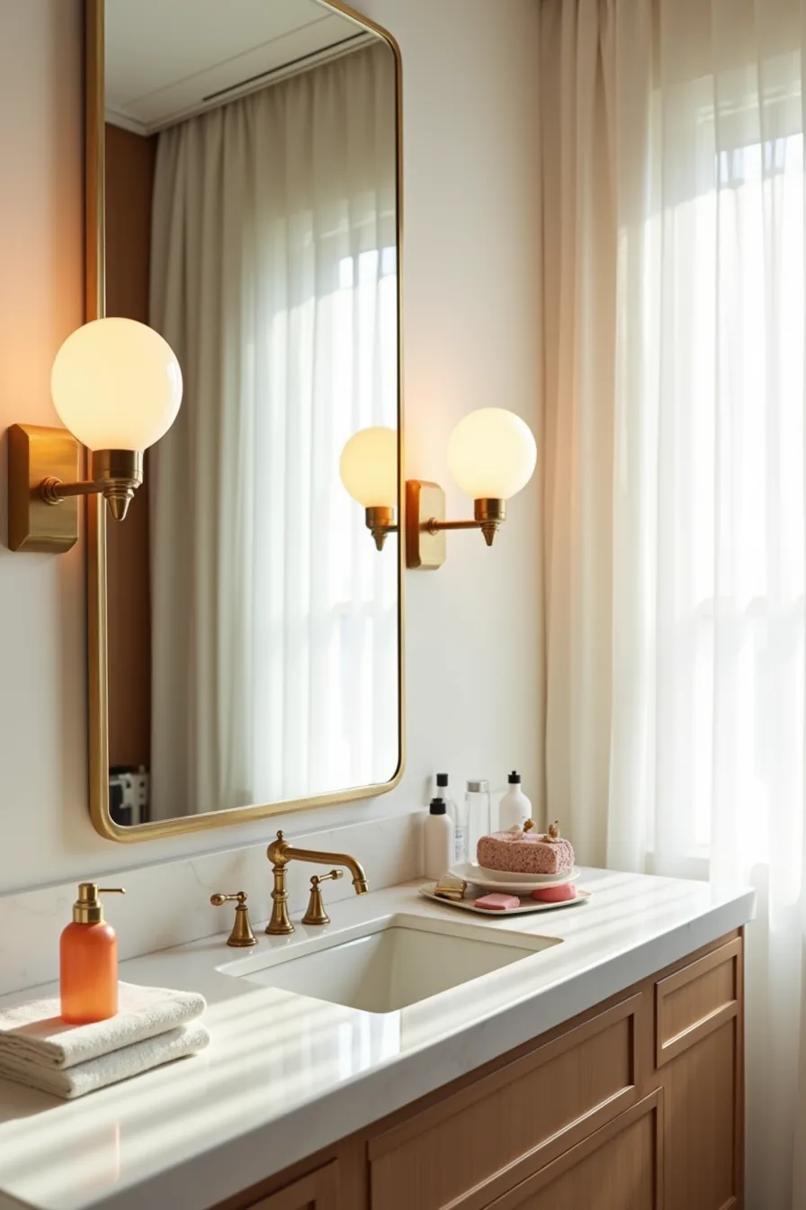Two brass sconces spaced 60 inches apart flank an oversized mirror above a vanity with makeup and grooming items.