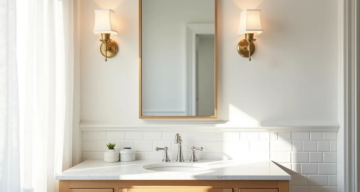 Brass sconces flank a rectangular mirror above a marble vanity with subway tile walls and chrome faucet.