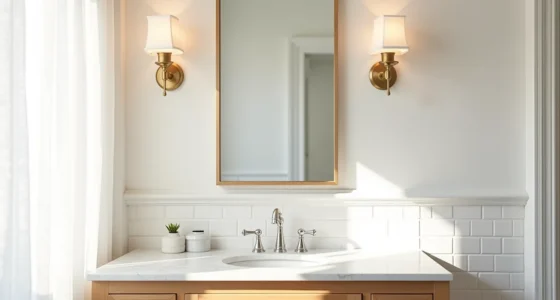 Brass sconces flank a rectangular mirror above a marble vanity with subway tile walls and chrome faucet.
