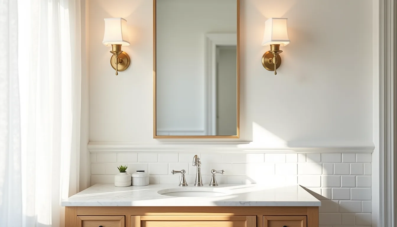 Brass sconces flank a rectangular mirror above a marble vanity with subway tile walls and chrome faucet.