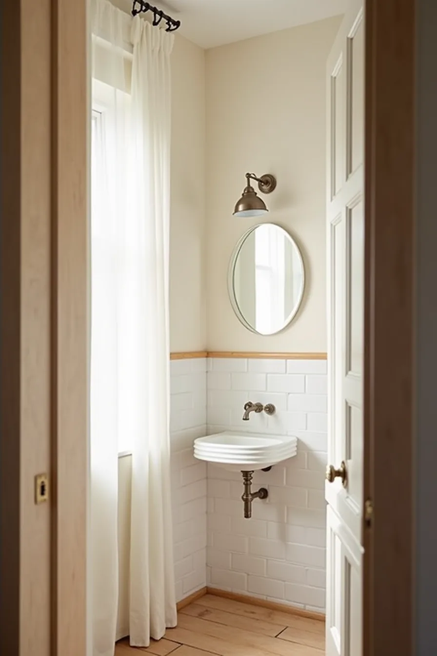 A brushed nickel lamp illuminates a small round mirror above a pedestal sink in a narrow tiled corner.