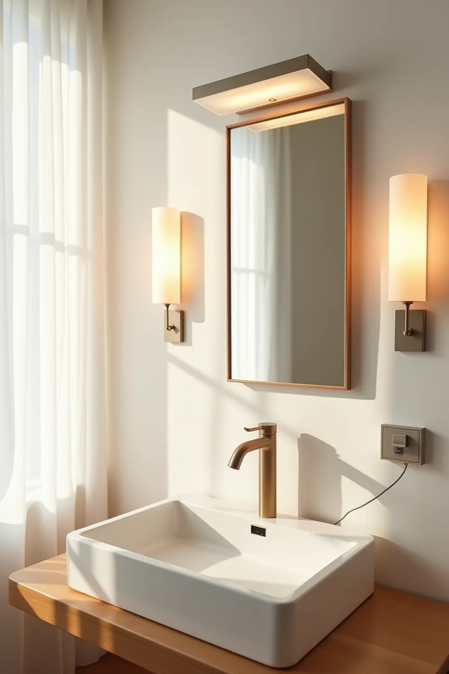 A bright LED fixture above the mirror pairs with a lower warm-toned dimmable sconce controlled by wall dimmer switch.