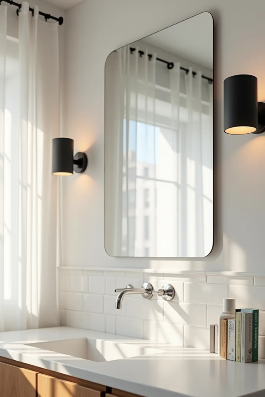 Two matte black cylindrical sconces frame a wide mirror above a chrome faucet on a gray wall.