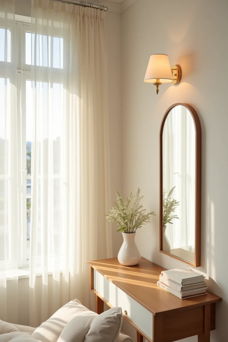Plug-in lamp with visible cord and outlet contrasts with hardwired sconce showing junction box above mirror.