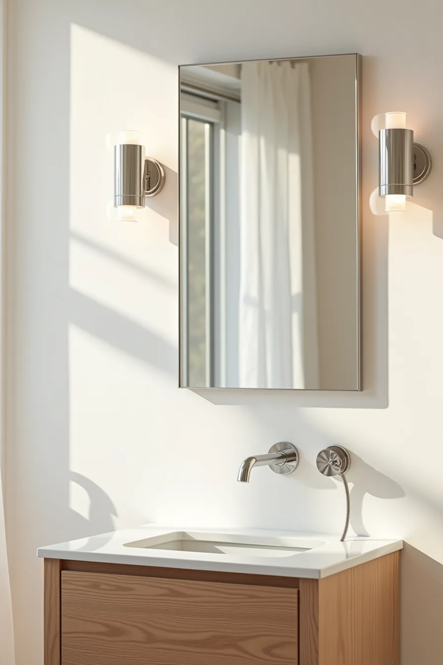 Polished chrome sconces and faucet coordinate with chrome mirror frame and stainless steel towel bar on vanity.