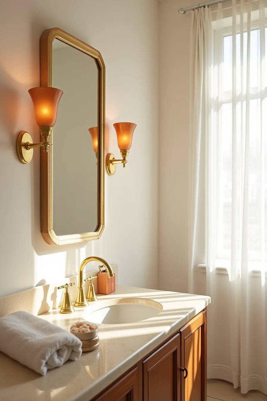 Brass sconces with amber glass shades cast warm light on travertine countertop with rolled towel and bath salts.
