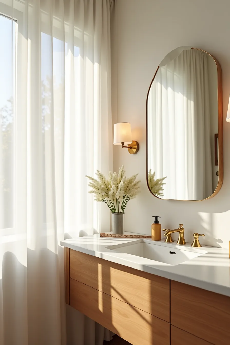 Two brass sconces frame a medium mirror with a measuring tape along the narrow countertop edge.