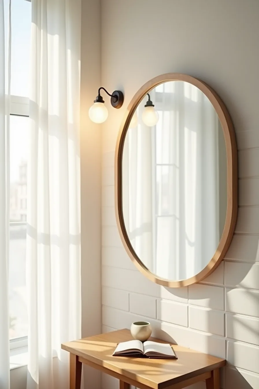 A ceramic sconce at shoulder height beside a mirror casts directional light on white subway tile.