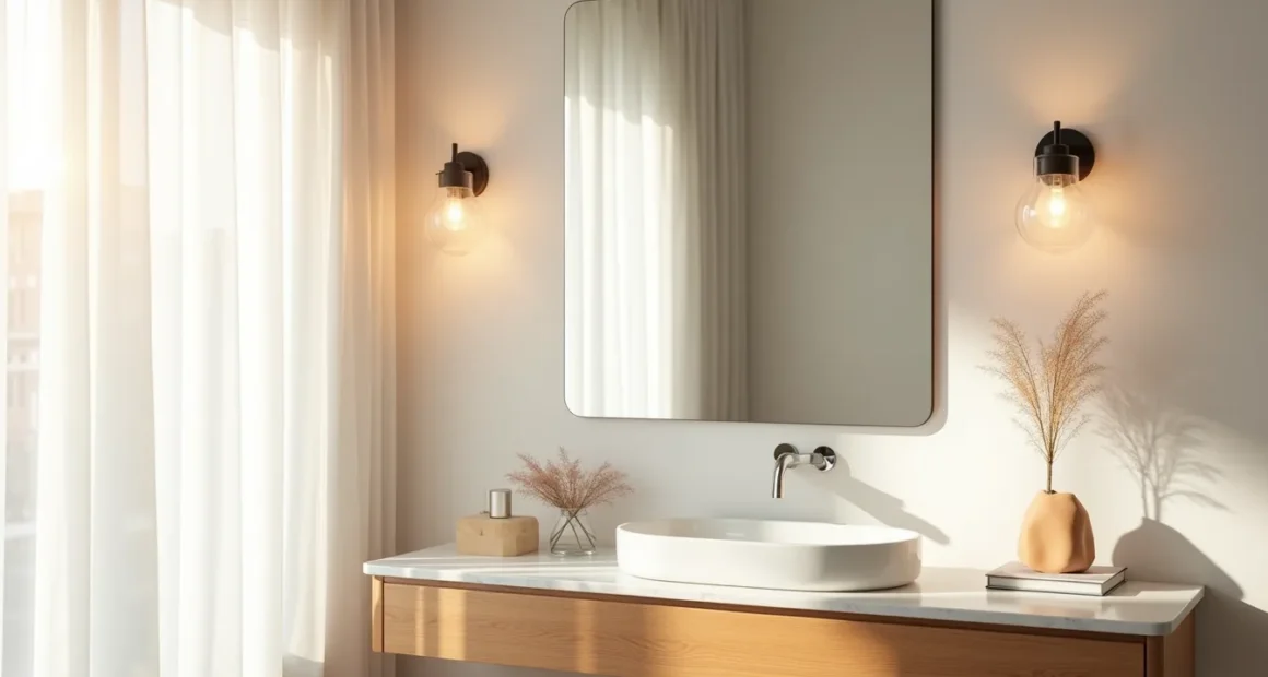 Dual wall sconces flank a large rectangular mirror above a marble vanity with sink basin.