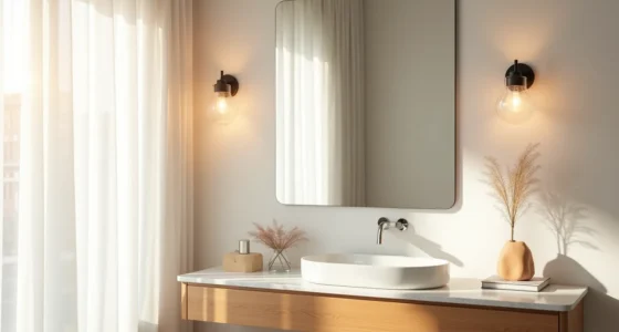 Dual wall sconces flank a large rectangular mirror above a marble vanity with sink basin.