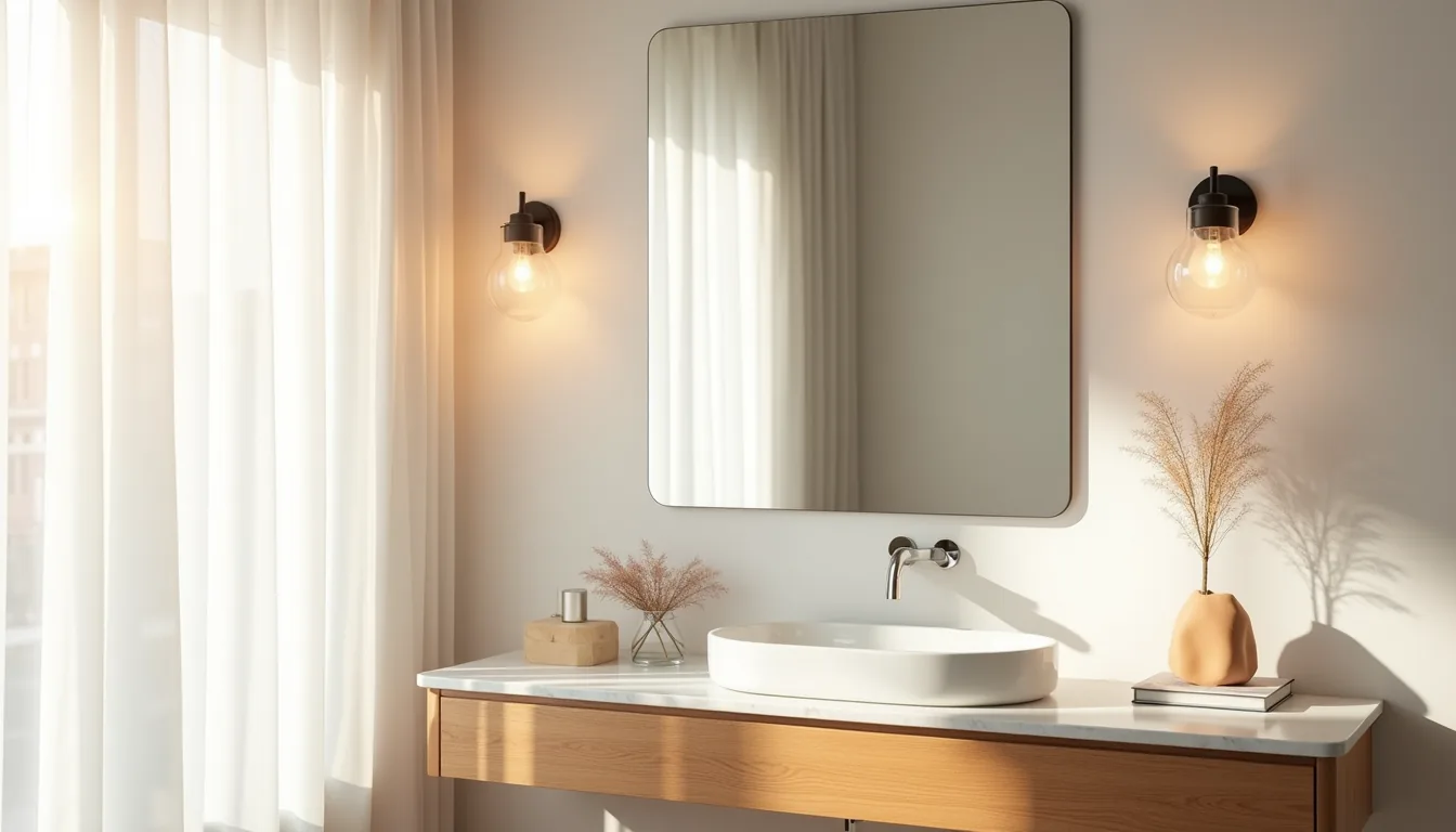 Dual wall sconces flank a large rectangular mirror above a marble vanity with sink basin.