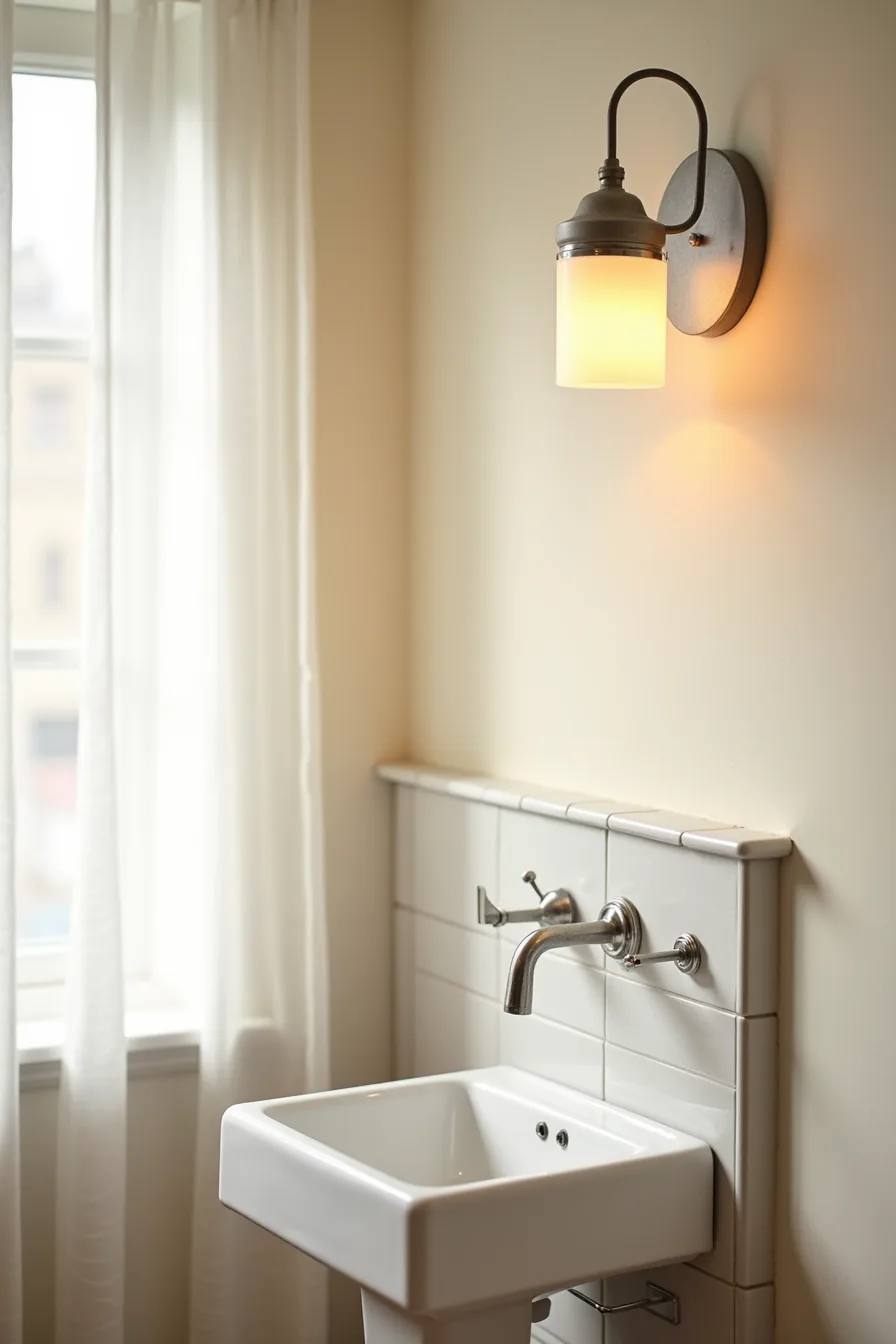 A metal sconce with frosted glass shade hangs above a porcelain sink with chrome faucet and neutral tile.