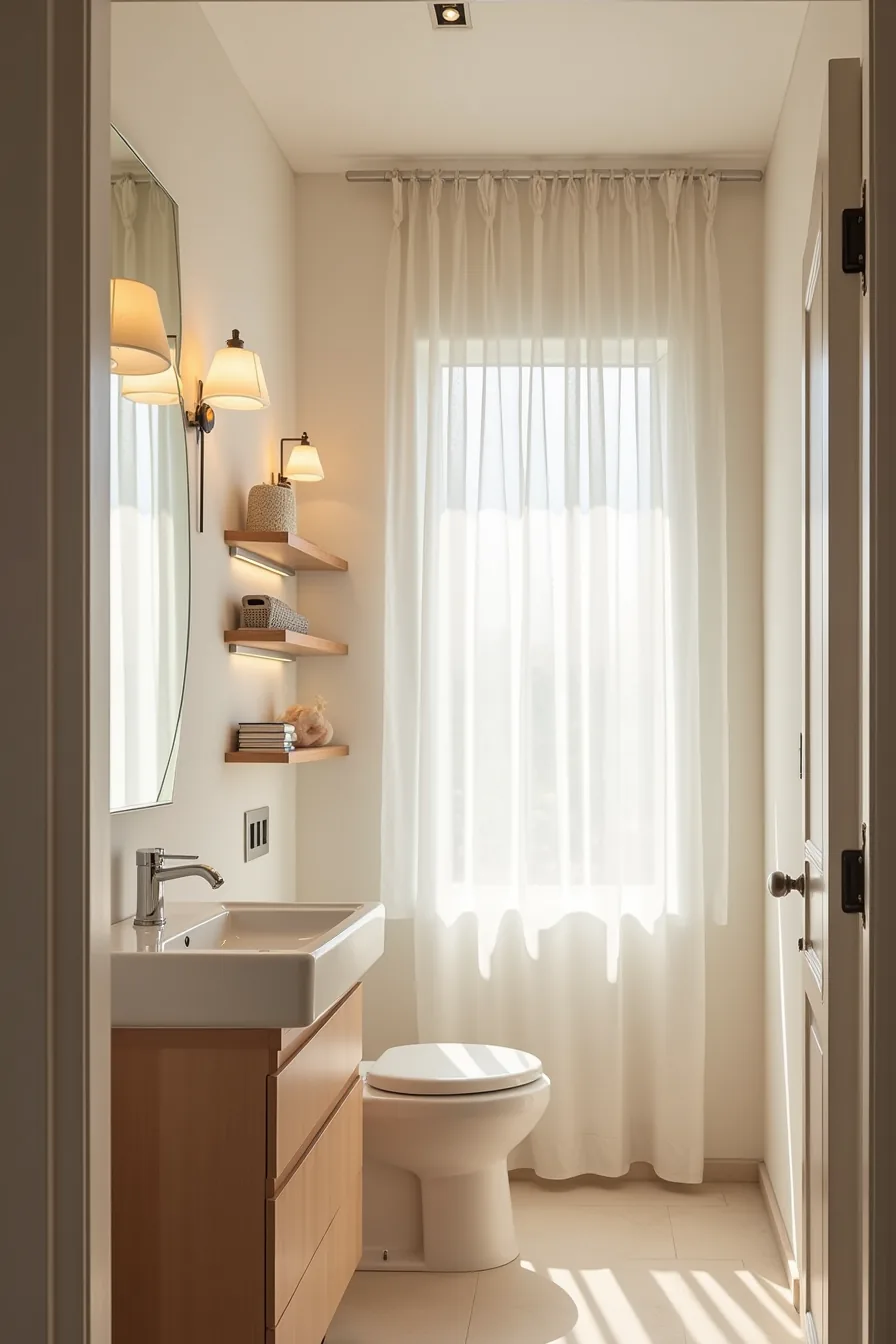Wall sconces, recessed ceiling lights, and accent strip lighting illuminate a mirror and lower shelf with decorative objects.