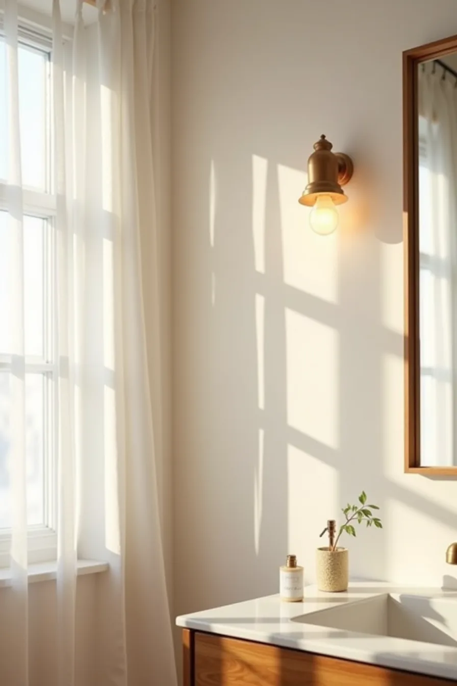 A removable adhesive sconce mounted on a rental bathroom wall beside a small mirror.