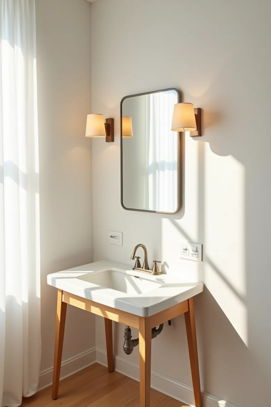 Two adhesive-mount sconces flank a builder-grade mirror with visible power cord, outlet, and cord clips on white walls.