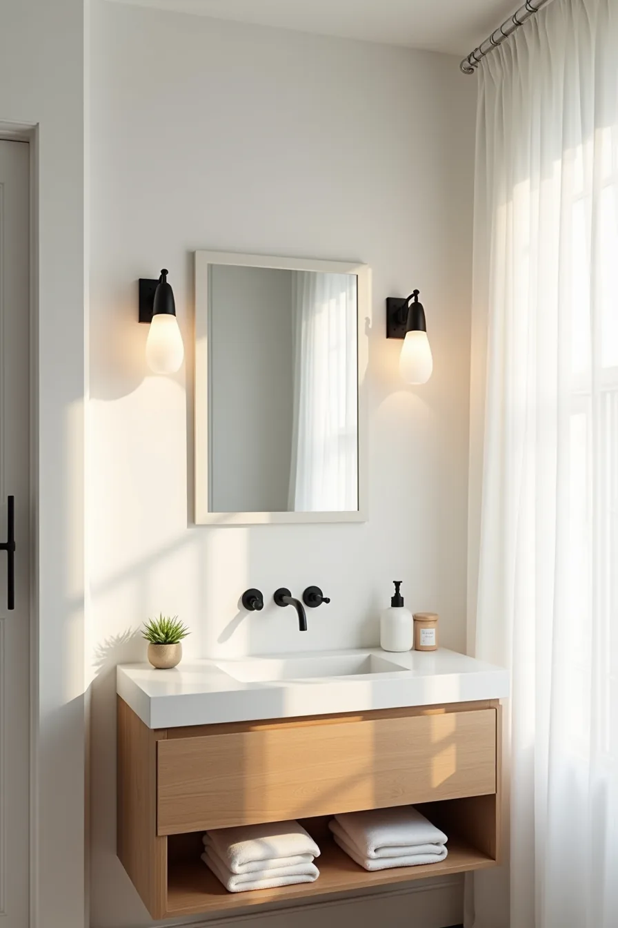 A single black metal sconce centers above a rectangular mirror on a minimalist bathroom vanity with white walls and folded