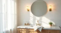 Two brass sconces flank a round mirror above a bathroom vanity with white subway tile, chrome faucet, draped towel, and