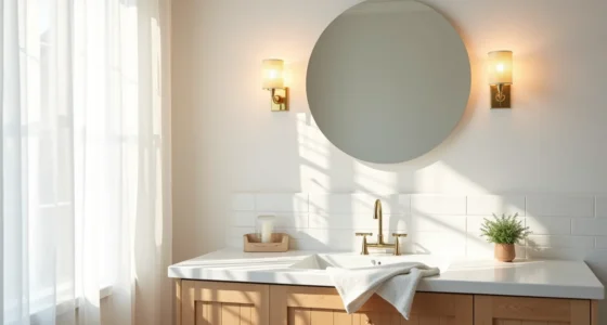 Two brass sconces flank a round mirror above a bathroom vanity with white subway tile, chrome faucet, draped towel, and