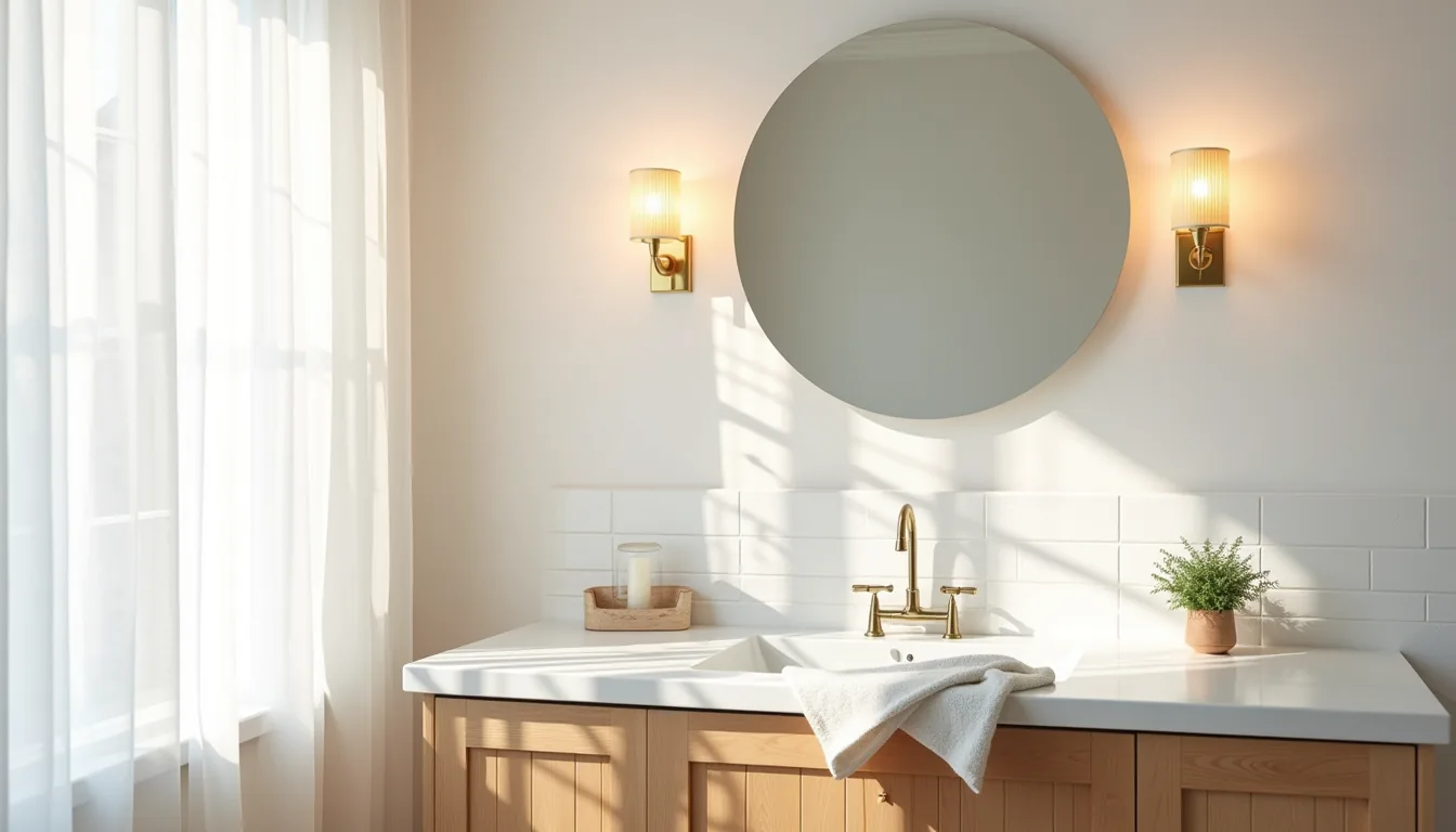 Two brass sconces flank a round mirror above a bathroom vanity with white subway tile, chrome faucet, draped towel, and