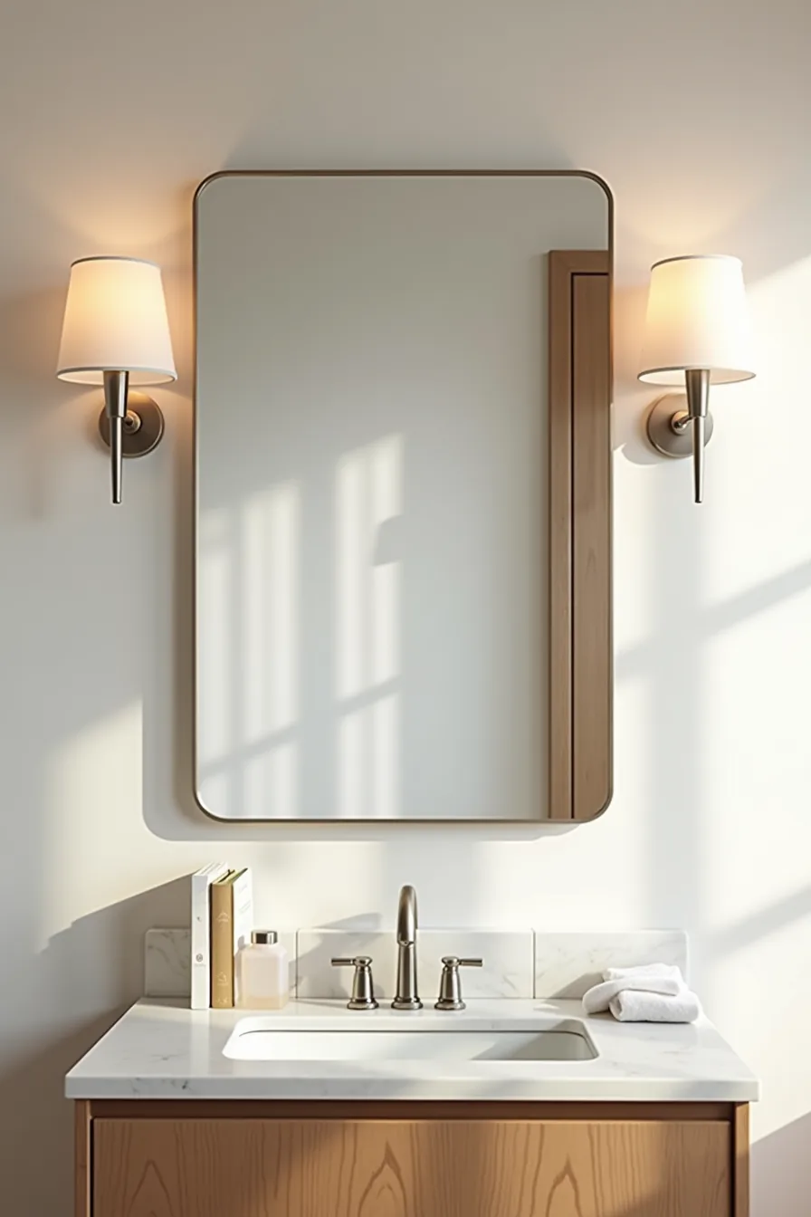 Brushed nickel sconces frame a rectangular mirror above a marble bathroom countertop with soap dispenser and hand towel.
