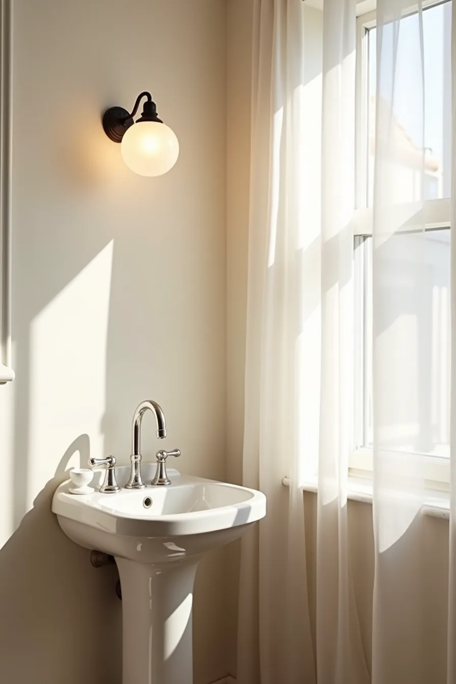 A globe-shaped frosted sconce and a slim vertical-arm sconce mount at equal heights above a ceramic pedestal sink with