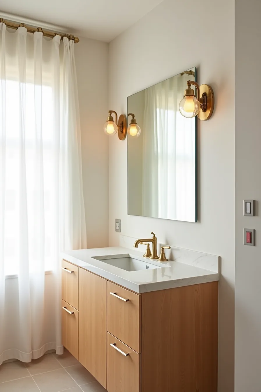 Hardwired brass sconces flank a mirror with exposed junction boxes, electrical wiring, and wire conduit visible in open