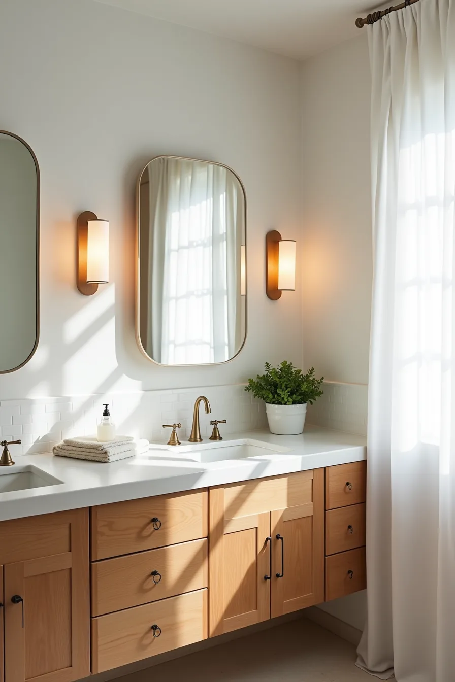 Two wide sconces flank a 36-inch mirror with subway tile backsplash, recessed medicine cabinet, and full vanity counter