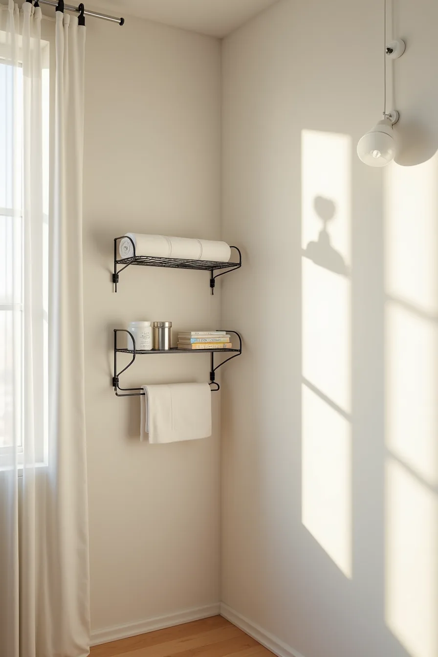 Corner bathroom storage with adhesive wire shelving, tension rod holding rolled towels, and magnetic strip with metal