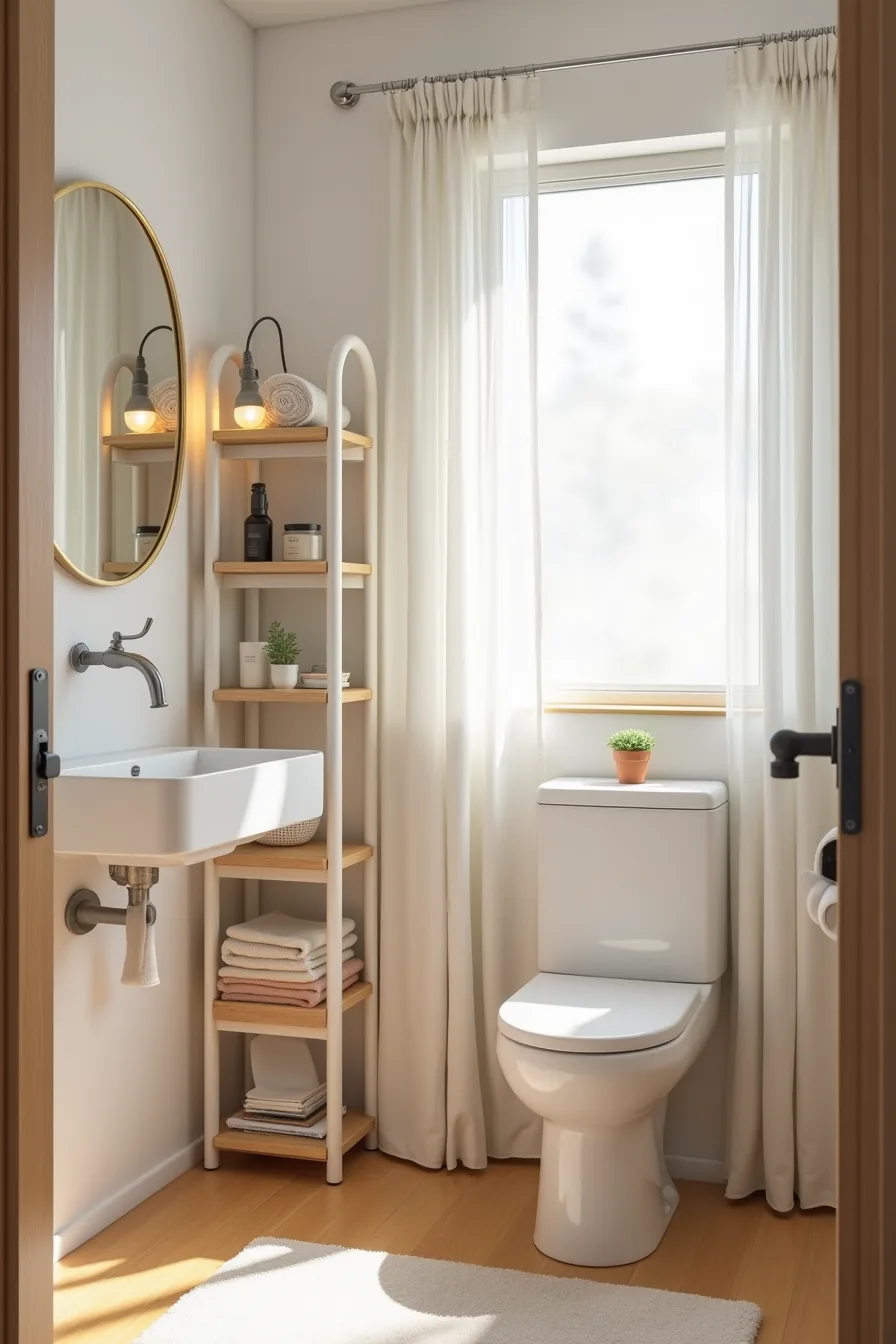 Overhead view of small bathroom with narrow shelf beside sink and compact rack above toilet, leaving door and window clear.