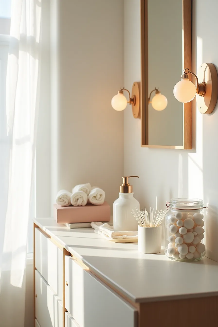 Organized bathroom counter with clear plastic bins, glass jars, rolled washcloths, and spray bottles sorted by category.