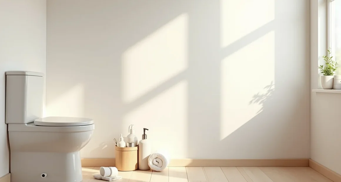 Empty bathroom wall above toilet with toiletries scattered on the floor below needing organization.