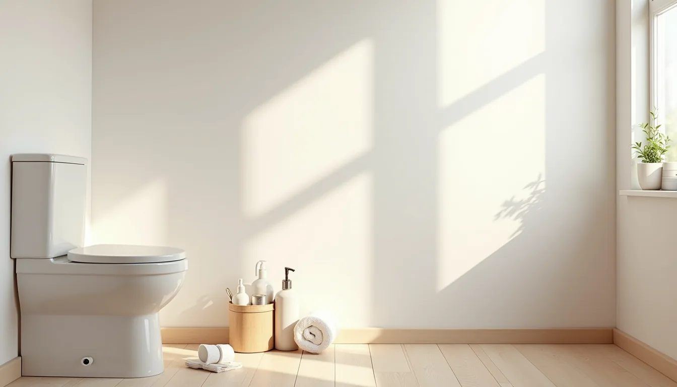 Empty bathroom wall above toilet with toiletries scattered on the floor below needing organization.