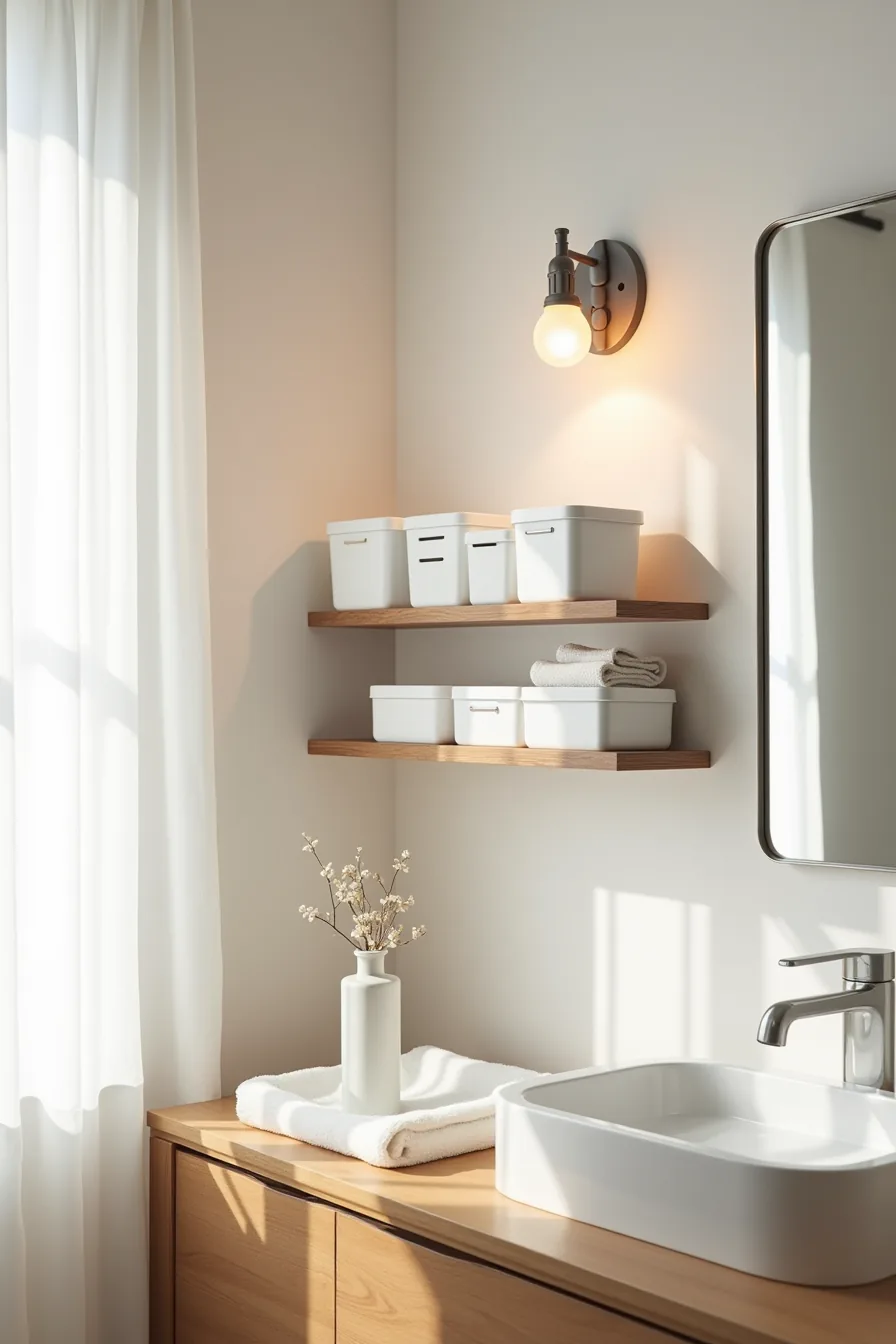 Bathroom shelving with labeled plastic containers, stainless steel organizer, corner bumpers, microfiber cloth, and spray