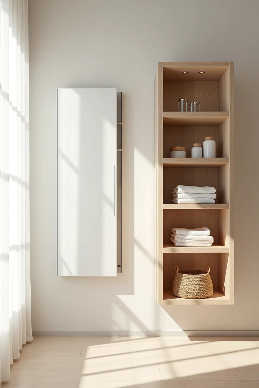 Medicine cabinet with mirrored door next to open wooden shelving unit holding stacked towels, glass bottles, and woven