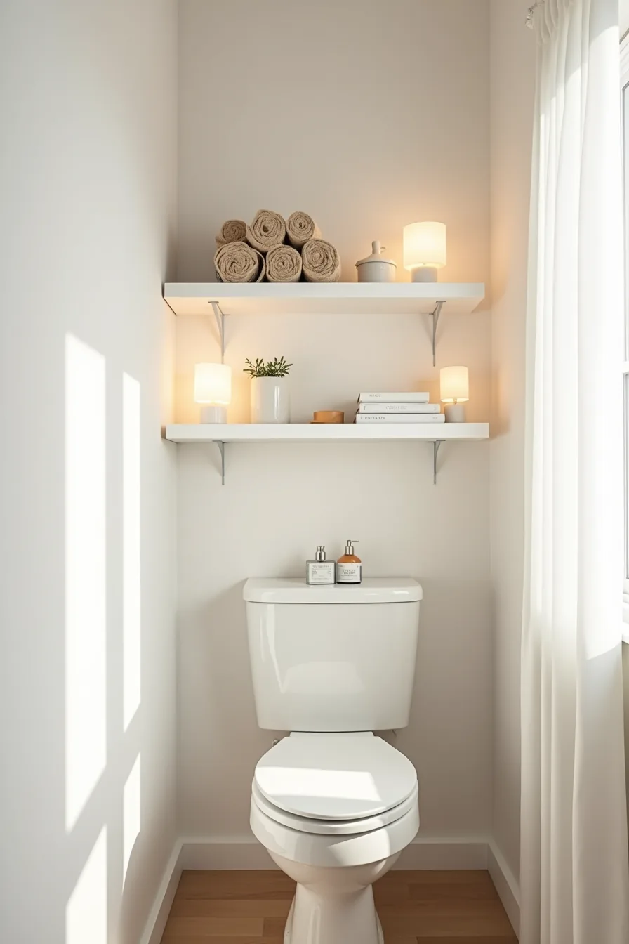 Three staggered white floating shelves above toilet holding rolled towels, woven basket, ceramic container, and cleaning