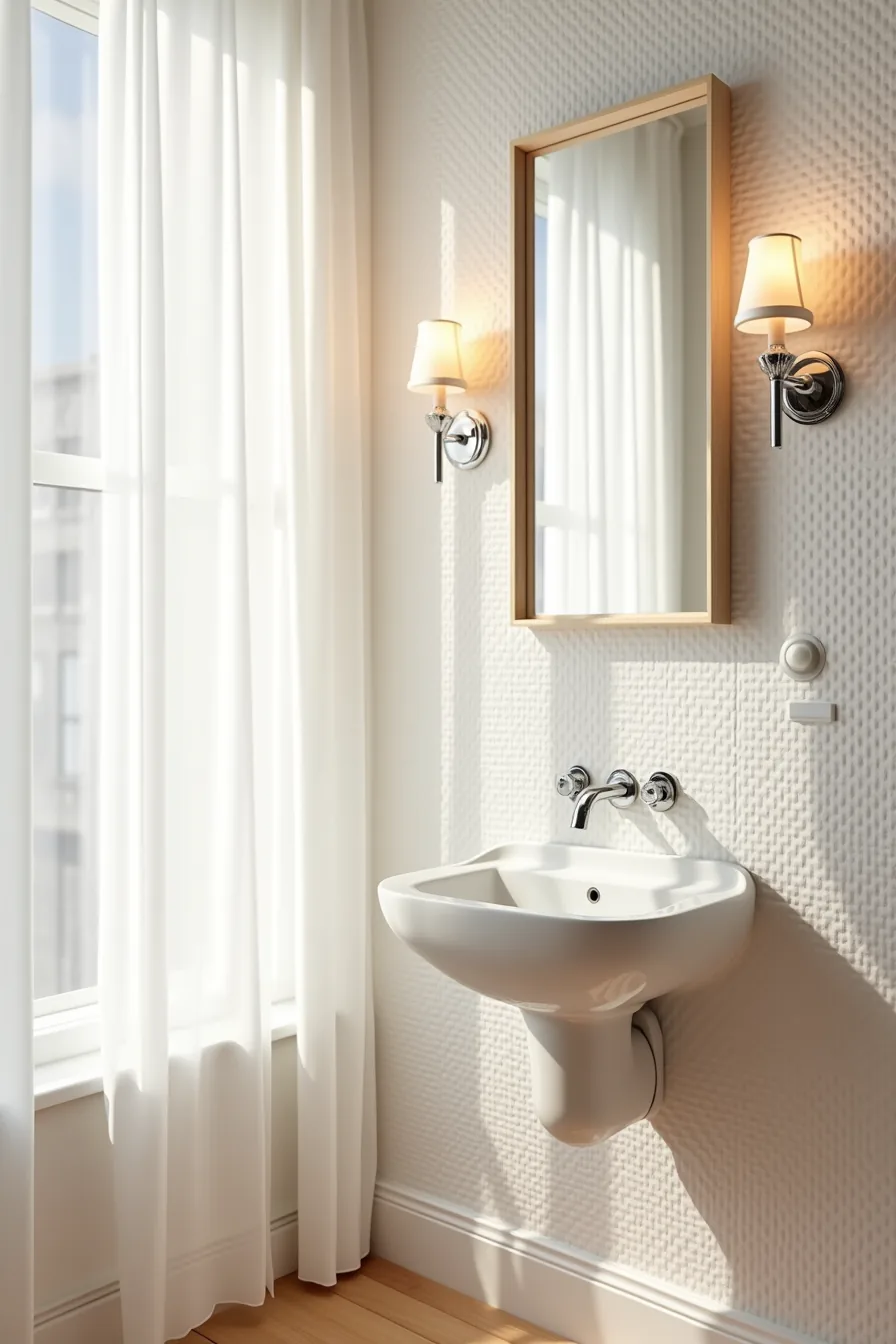 Textured white 3D relief tiles with waffle pattern and shadow detail, with chrome fixture and mirror mounted.