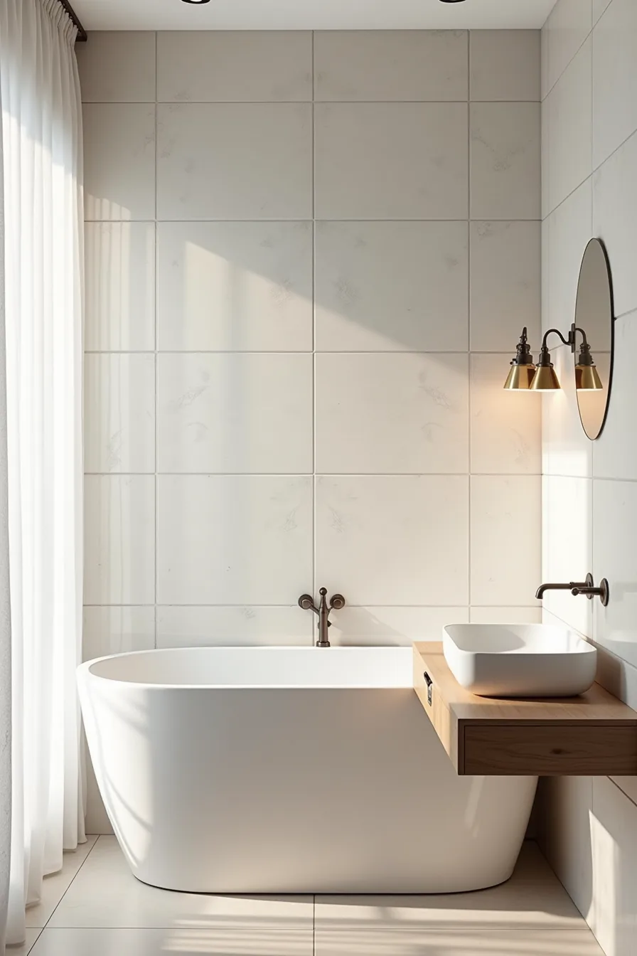 Large-format light gray porcelain tiles on a bathroom wall with minimal grout lines and recessed lighting.
