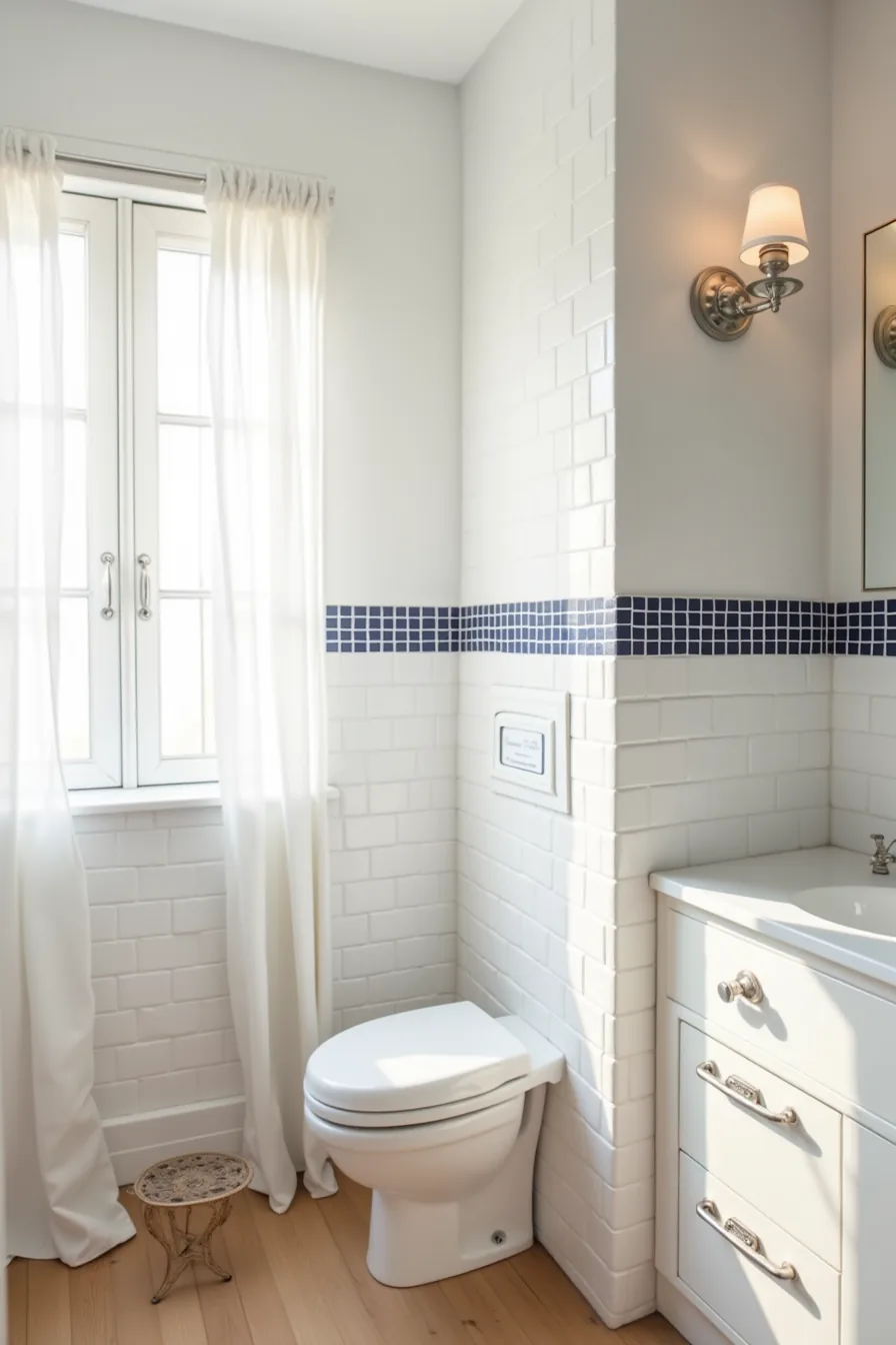 White subway tiles with a horizontal navy blue mosaic accent band running across the middle of the wall.