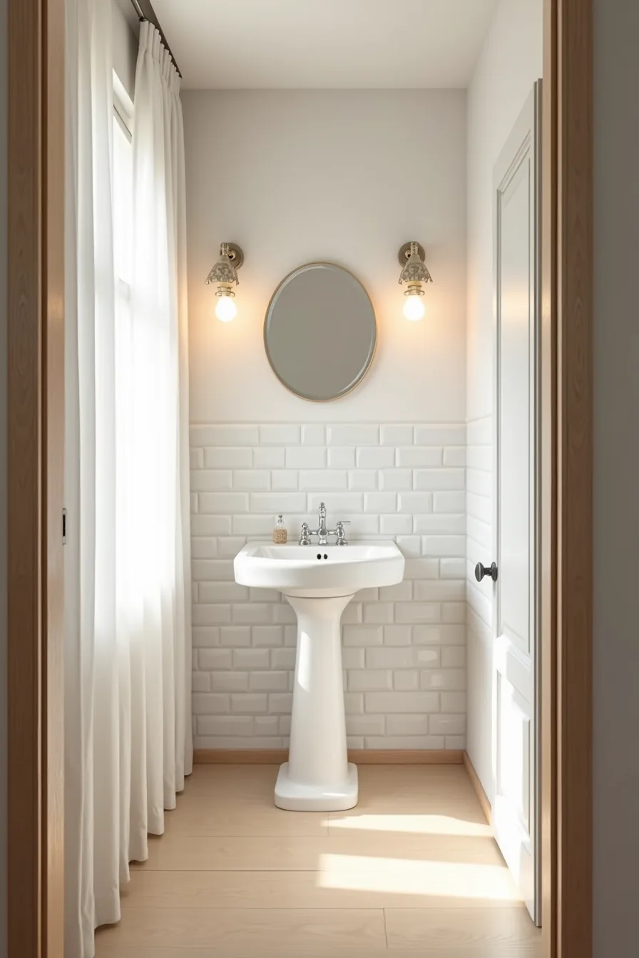 Full bathroom wall behind a pedestal sink covered in white subway tiles with uniform grout spacing.
