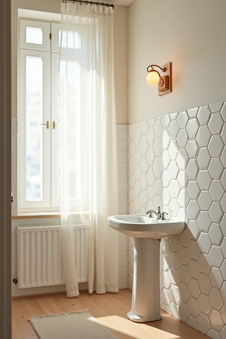Peel-and-stick hexagon vinyl tiles partially applied above a pedestal sink with adhesive backing exposed.