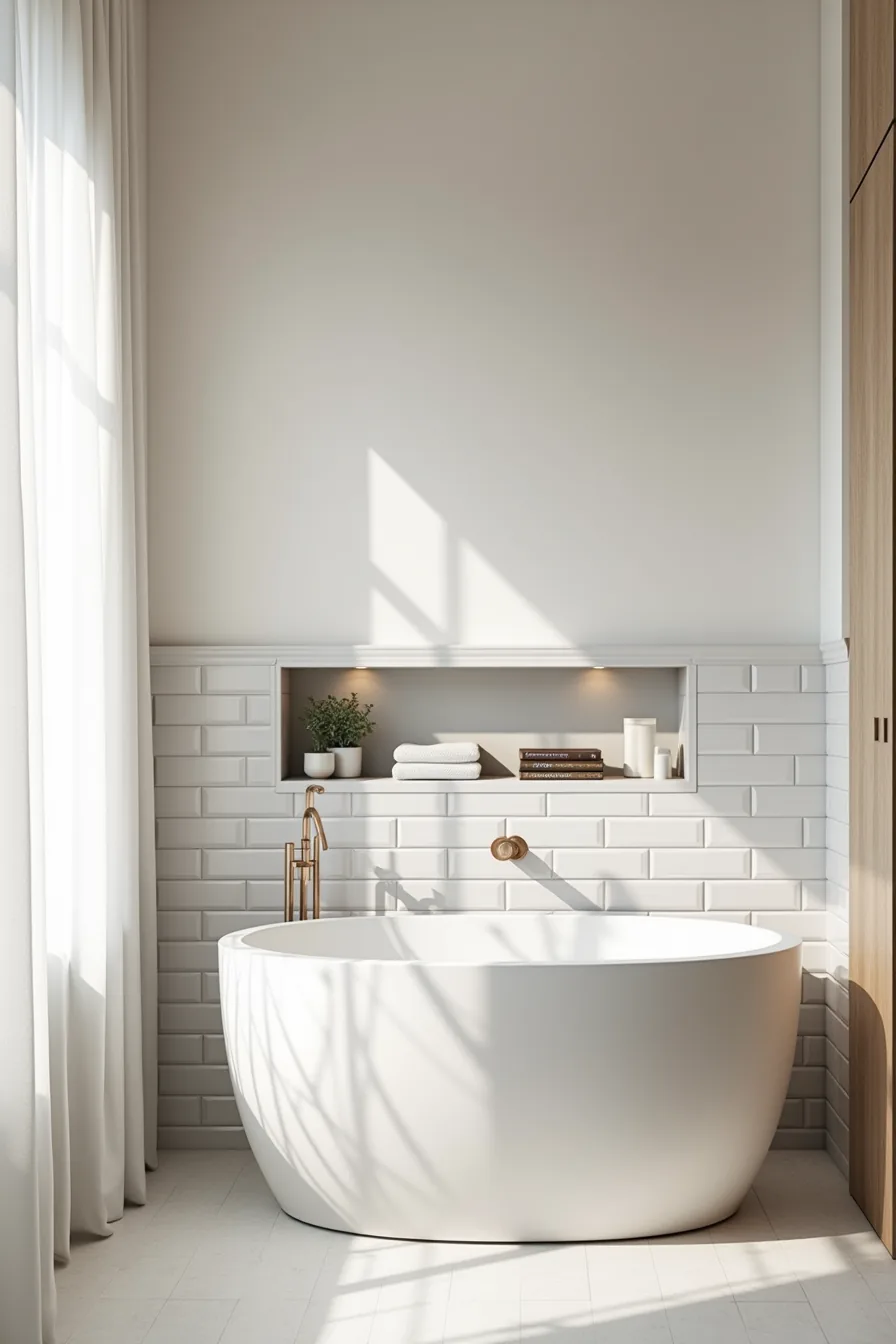 Lower wall in white subway tiles transitioning to upper soft gray shiplap with a recessed storage shelf.