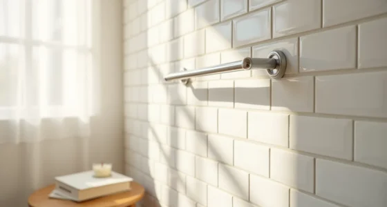 White subway tiles with evenly spaced grout lines and a chrome towel bar in a corner bathroom.