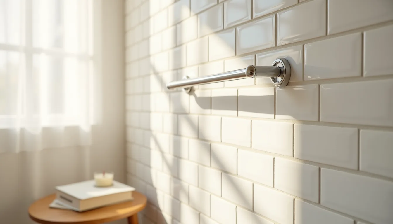 White subway tiles with evenly spaced grout lines and a chrome towel bar in a corner bathroom.
