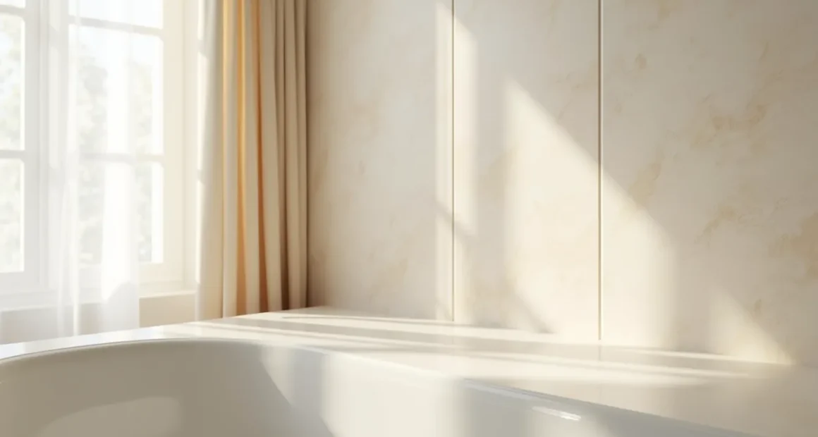 Large rectangular tiles meet at a bathroom corner with minimal grout lines and soft natural lighting.