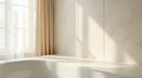 Large rectangular tiles meet at a bathroom corner with minimal grout lines and soft natural lighting.