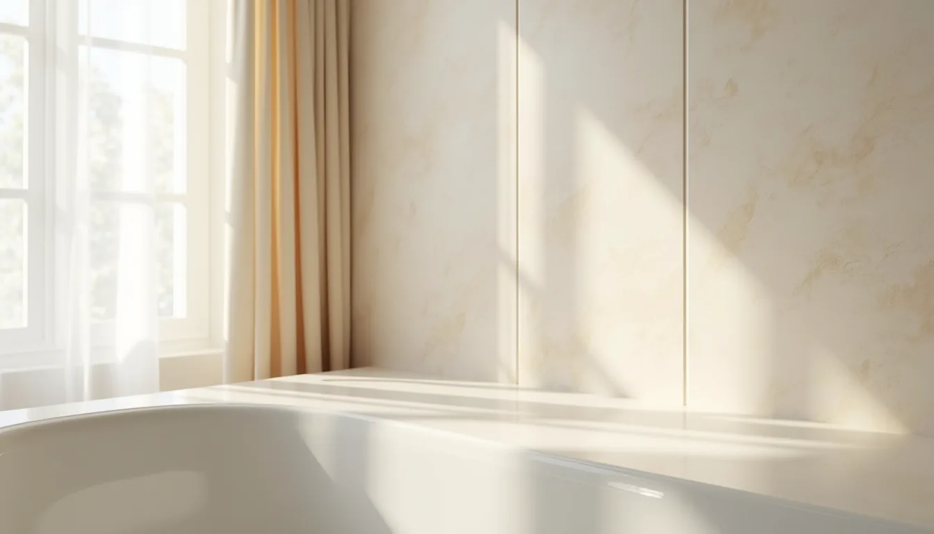 Large rectangular tiles meet at a bathroom corner with minimal grout lines and soft natural lighting.